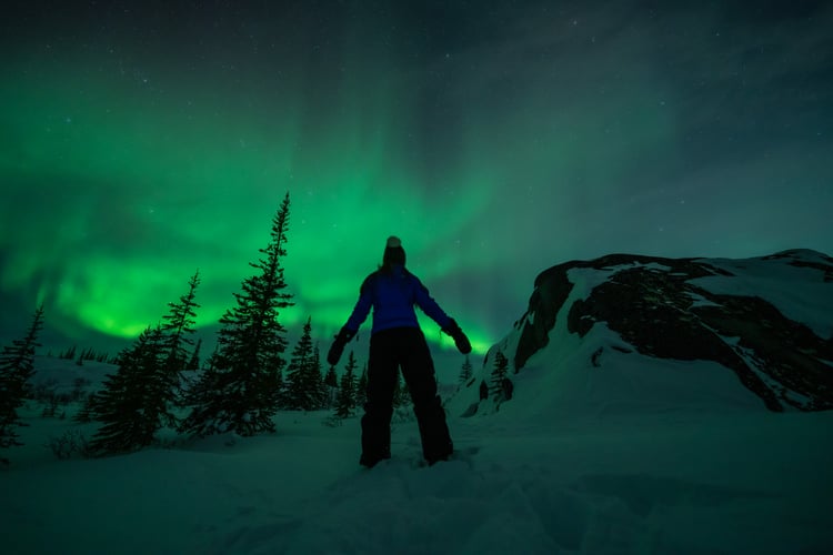 A person is standing on the foreground with the northern lights in the background.